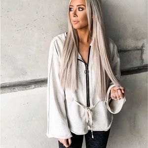 Unique 3/4 Zip Up Hoodie Jacket Drawstring Waist Wide Sleeves S